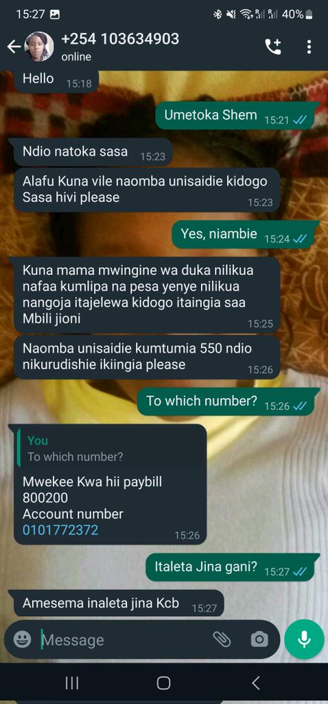 <a href="/KCBGroup/">KCB Group Plc</a> Hello kindly investigate these two numbers using someone's profile to scam her friends ASAP using KCB VOOMA ACC. Check that screenshot. 0101 772372