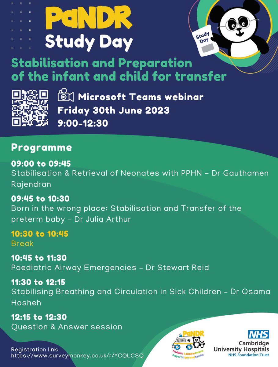 🚨Don’t forget to register for the <a href="/PaNDR_EOE/">PaNDR_EOE</a> Regional Study Day🚨

All nursing and medical staffing welcome🐼
#PedsICU #pedsretrieval #NeoTwitter 

When: Friday 30th June, 09.00-12.30

Where: Virtually, via Microsoft Teams 

How: Registrar via this link: Surveymonkey.co.uk/r/YCQLCSQ