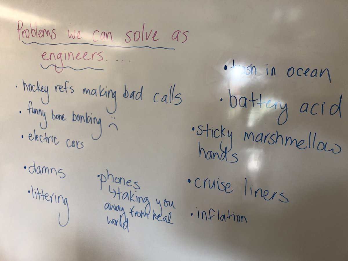 MrsKernohan's tweet photo. Grade 4/5s thinking about problems they can solve as engineers.  They are solving and designing prototypes today. https://t.co/ujzmCVEFga