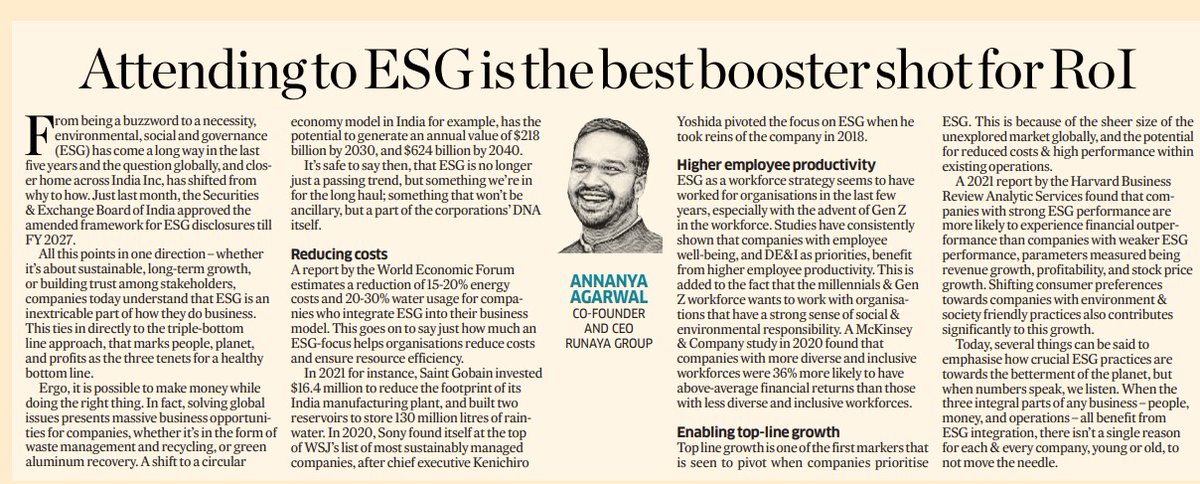 RunayaOfficial's tweet photo. ESG stays at the heart of Runaya, & we aim to reflect it through our actions, initiatives & practices.
Read our CEO & Co-founder, @agarwal_annanya's thoughts on how #ESG is no longer just a trend but rather a part of corporations' DNA today. @DeccanHerald
#BuildFuturePositive https://t.co/6mjPOxAWuW