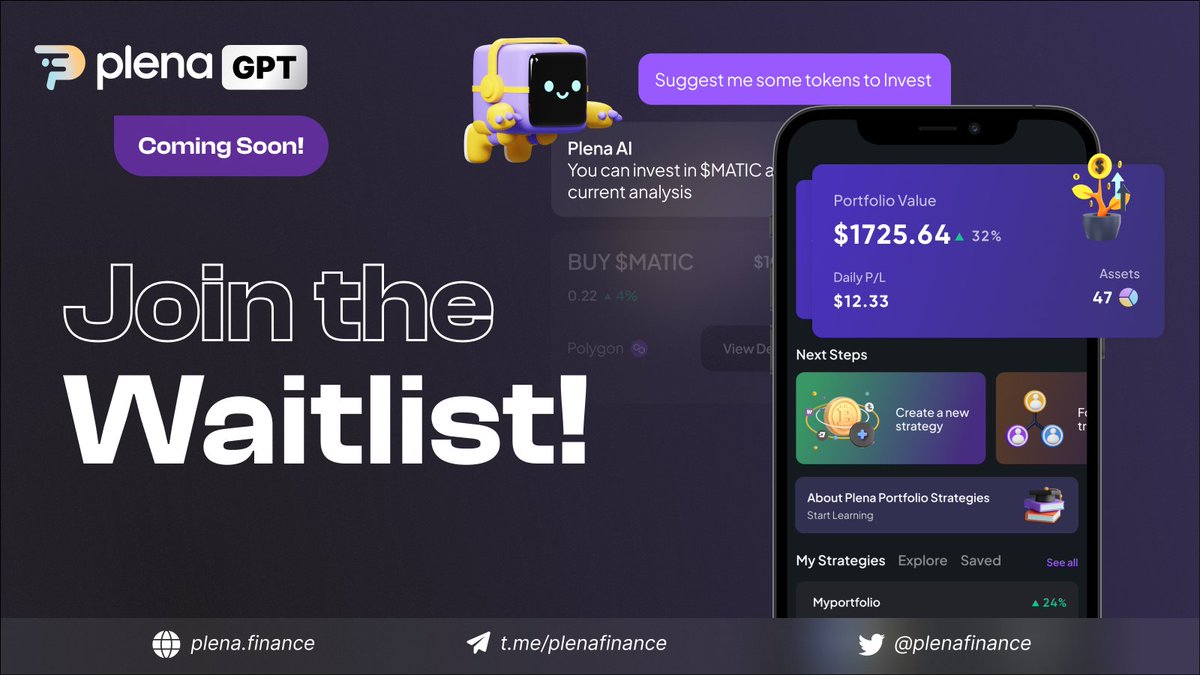 PlenaFinance's tweet image. Open the door to smarter #crypto investments!
🚀 Join the Plena GPT waitlist today and be among the first to harness the power of AI for strategic portfolio management.
Let AI navigate the crypto terrain for you, guiding you towards the best opportunities.
Don't just invest…