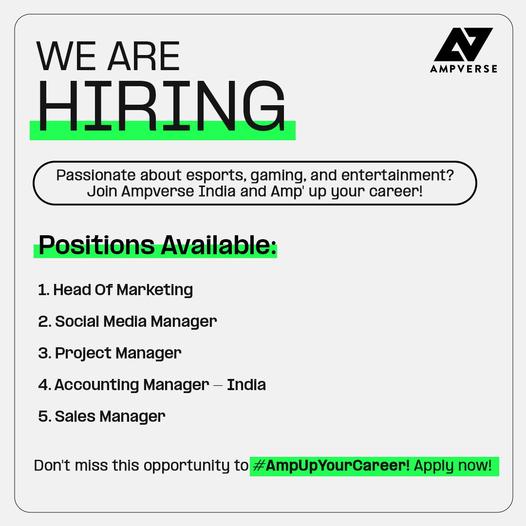 #HIRING

Hey Everyone, Ampverse India is currently seeking talented individuals to join our team in various roles. 

If you share our passion for gaming, esports, and entertainment, Don't miss this opportunity to level up your career! Apply Now:

ampverse.bamboohr.com/careers