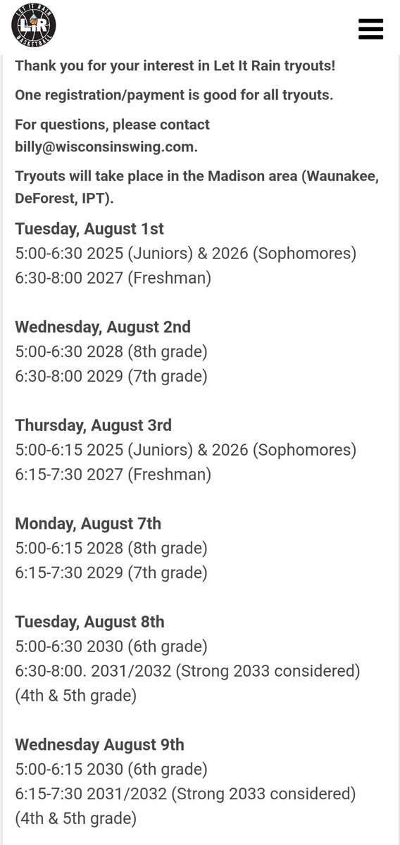 🚨🚨 2024 Season Tryouts 🚨🚨

Excited to announce our tryout dates for the 2024 season!! Would love to see you there. Please let us know if you have questions as well.

See pic &amp; link below for registration &amp; information 👇👇

letitrain.leagueapps.com/events/3957470…