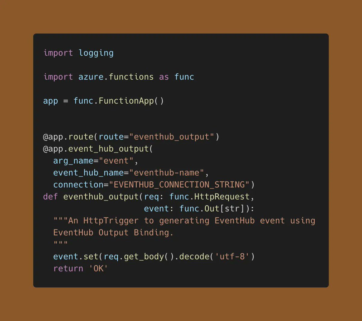 AzFuncPython's tweet image. Push events to #AzureEventHubs effortlessly with output bindings. Coupled with the new #Python @AzureFunctions programming model, this feature simplifies your code to just a few lines! 

More info at buff.ly/3IQgGGv

#AzureFunctions #EventHubs #serverless #Azure 🐍⚡️