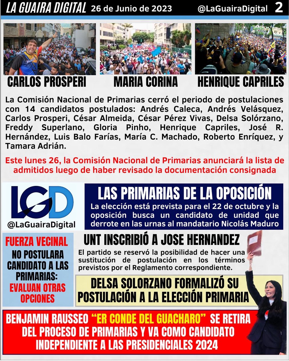 Guairadigital's tweet photo. Resumen semanal: Las Primarias de la Oposición @cnprimariave 

@prospericarlos @MariaCorinaYA @hcapriles @freddysuperlano @delsasolorzano @CesarPerezVivas @TamaraAdrian @AndresVelasqz @manuelrosalesg @robertoenriq @jesusmariacasal @GTAveledo https://t.co/oyhYXmXpc8