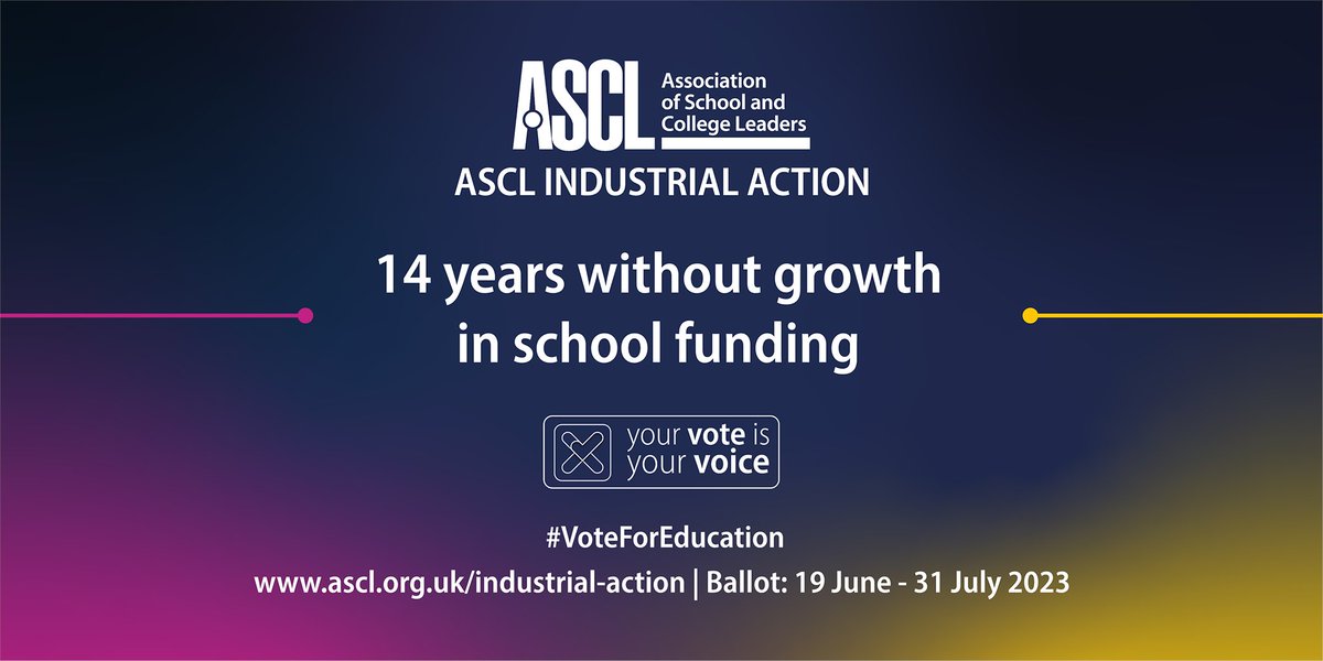 ASCL_UK's tweet image. ASCL BALLOT ON INDUSTRIAL ACTION  

Fed up with the lack of funding? 

It’s time to send a message to government and #VoteForEducation. 

Eligible #ASCLmembers: make sure you post your vote before 31 July. 

ℹ ascl.org.uk/industrial-act…