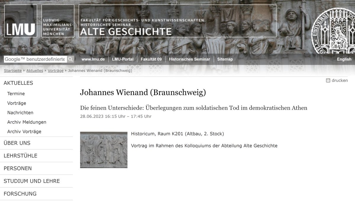 𝗗𝗶𝗲 𝗳𝗲𝗶𝗻𝗲𝗻 𝗨𝗻𝘁𝗲𝗿𝘀𝗰𝗵𝗶𝗲𝗱𝗲. Überlegungen zum soldatischen Tod im demokratischen Athen

Mi 28. Juni 16:15 Uhr 
Historicum, LMU München 

Vortrag im Kolloquium Alte Geschichte