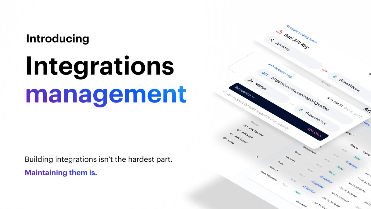 One suite of tools for full control and visibility over your customers’ integrations.

Merge's Integrations Management eliminates the need to build any in-house tooling or use third party monitoring platforms.

Leave us a review on <a href="/ProductHunt/">Product Hunt 😸</a> today!⏳
hubs.li/Q01VNLJR0
