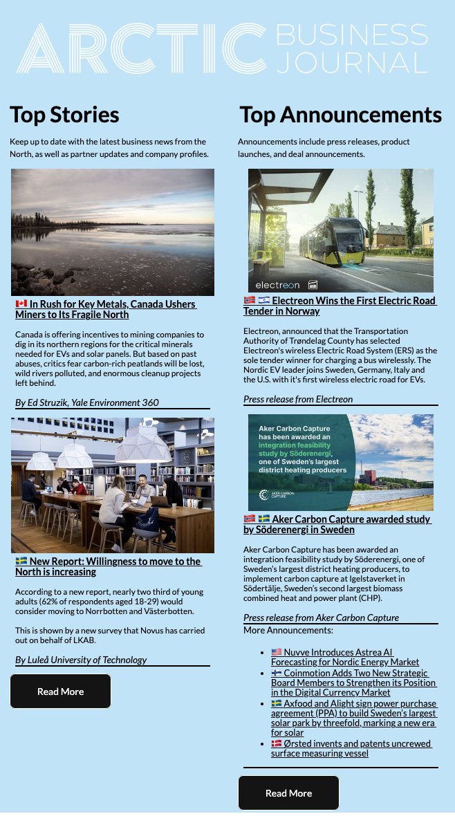 Our latest #newsletter is out now!

Read more at mailchi.mp/arcticnow/at-a…

Also includes the latest ArcticToday news and analysis!

#arctic #business #arcticbusiness #canada #sweden #evs #norway #carbon #criticalminerals #news #newsletter