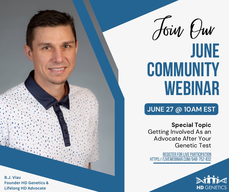 Join us tomorrow (Tuesday) for our monthly webinar series with comp t updates and special topic, getting involved as an advocate!  Join us live or find a recording on YouTube.  #genetictesting #huntingtonsdisease