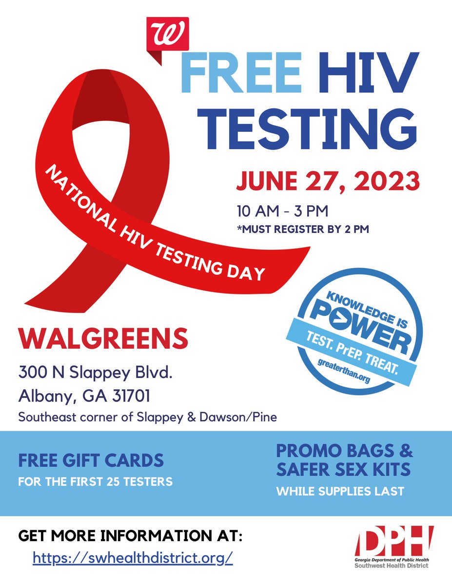 Don’t forget to come, see us tomorrow! We will be at Walgreens located at the SE corner of Slappey & Dawson/Pine from 10AM till 3PM for FREE #HIV testing! There will be swag bags and gift cards while supplies last.  #StopHIVTogether