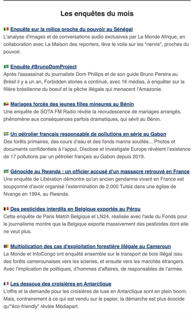 <a href="/gijnFr/">GIJN en français</a> <a href="/Code4Africa/">Code for Africa</a> <a href="/Visapourlimage/">Visapourlimage</a> @PacteEnquete <a href="/Info_Activism/">Tactical Tech</a> Une sélection des meilleures enquêtes francophones en provenance du monde entier 🌍. Des enquêtes de <a href="/LeMonde_Afrique/">Le Monde Afrique</a> &amp; <a href="/LesReporterSn/">La Maison Des Reporters</a>, <a href="/FbdnStories/">Forbidden Stories</a>, <a href="/Disclose_ngo/">Disclose</a>, @investigate_euv, <a href="/libe/">Libération</a>, <a href="/ParisMatchBe/">Paris Match Belgique</a>, LesNews24, <a href="/lemondefr/">Le Monde</a>, <a href="/Info_Congo/">InfoCongo</a>, <a href="/Mediapart/">Mediapart</a>. buff.ly/3PwImEu