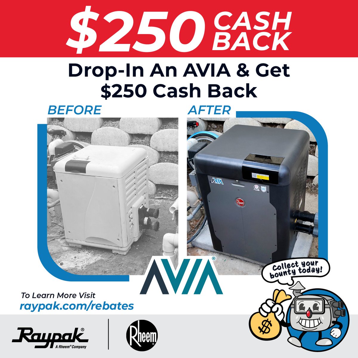 ThePHTA's tweet image. Are you upgrading to an AVIA? If you replace a competitor heater with an AVIA pool heater you could earn $250 cash back. Eligible on Raypak, Rheem, and Ruud branded AVIA's. Visit raypak.com/rebates to learn more and start earning today! #Raypak #Rebates