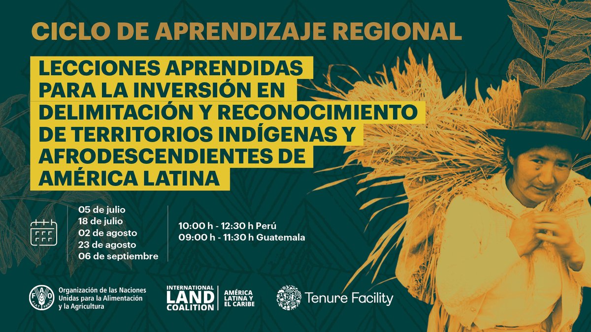 The Tenure Facility (@tenurefacility) on Twitter photo 📢 A new Learning Cycle on Territories of #IndigenousPeoples and #Afrodescendants.
To better understand how to address the regularisation processes in favour of their #LandRights 💪.
Organisers: <a href="/FAOAmericas/">FAO Américas</a> <a href="/ILCLatinAmerica/">ILC América Latina y el Caribe</a> <a href="/TenureFacility/">The Tenure Facility</a>
➡️ bit.ly/3NbmqvT 📢 A new Learning Cycle on Territories of #IndigenousPeoples and #Afrodescendants.
To better understand how to address the regularisation processes in favour of their #LandRights 💪.
Organisers: <a href="/FAOAmericas/">FAO Américas</a> <a href="/ILCLatinAmerica/">ILC América Latina y el Caribe</a> <a href="/TenureFacility/">The Tenure Facility</a>
➡️ bit.ly/3NbmqvT
