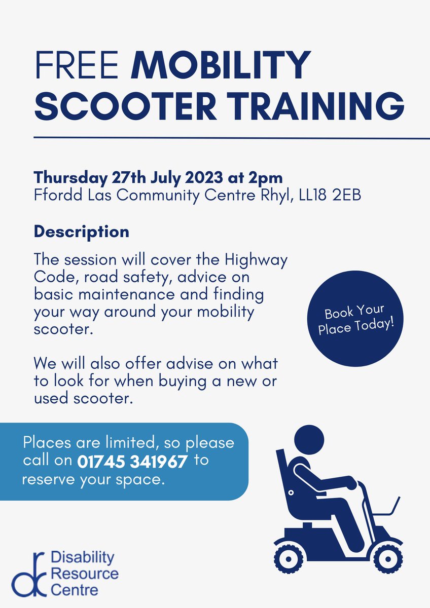 DisabilityCtr's tweet image. Don't forget! We have our next FREE Mobility Scooter Training session on the 27th July at 2PM!

This will be held at Ffordd Las Community Centre Rhyl, LL18 2EB.

Call 01745 341967 to secure your place today!

#MobilityScooter #mobilitytraining #freetraining #trainingsession