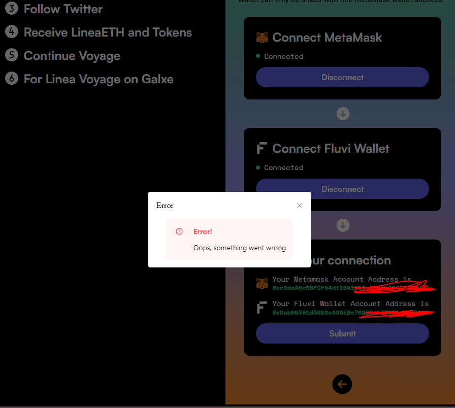 @fluviweb3 I always get this error when I try to complete the mission and i made 6 transactions in the Fluvi wallet already. There is no sign notification from Fluvi, only from metamask.