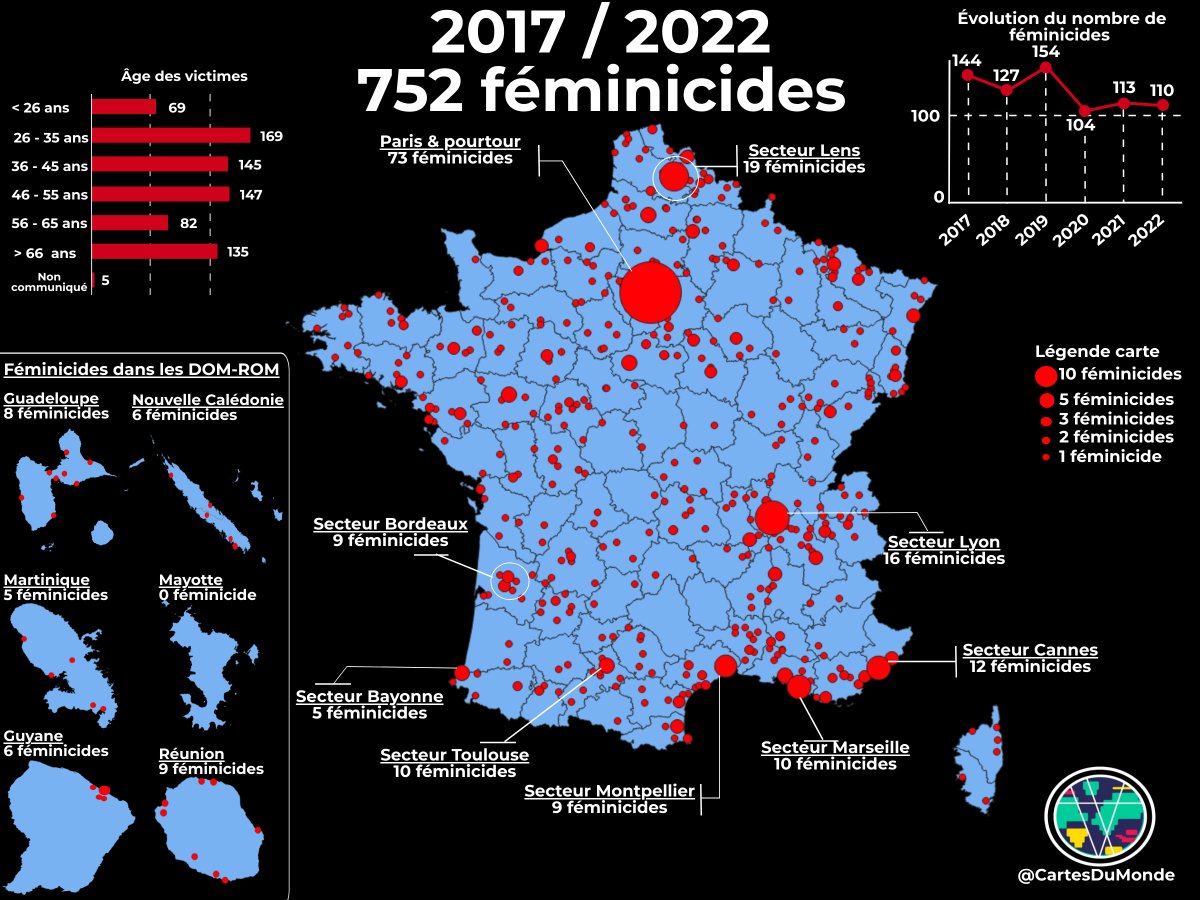 #France 🇫🇷 752 féminicides en 6 ans 🧵

Voici le bilan de la France entre 2017 et 2022. Un féminicide pour rappel c'est le meurtre d'une femme par son compagnon ou ex compagnon.

On va regarder et analyser en détail ensemble la situation ⤵️

1/16