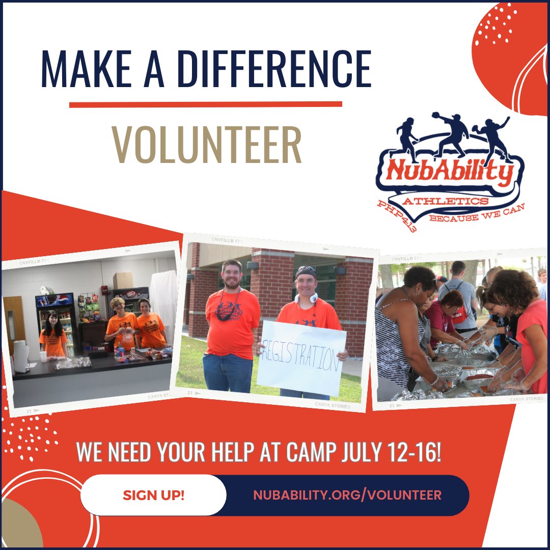 Be a game changer for limb-different kids when you help with #camp July 12-16. You don't need to be an athlete to #volunteer! We need help with set-up and safety, meals, photography and more. 

nubability.org/volunteer

#MakeaDifference
#NubAbility #NubAbilityAthletics #DontNeed2