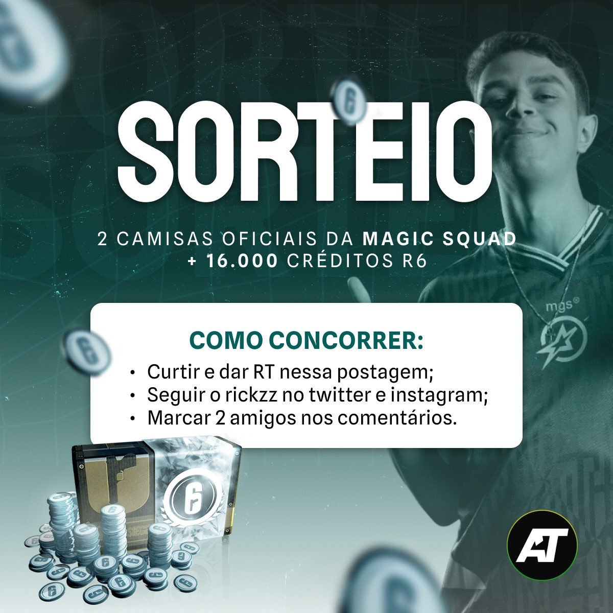 🚨 SORTEIO 🚨

Em parceria com o <a href="/rickzzr6s/">2G rickzz</a>, estamos sorteando duas camisas da Magic Squad + 16.000 créditos R6.

- Curtir e dar RT;
- Seguir o <a href="/rickzzr6s/">2G rickzz</a> no Twitter e no Instagram (ricardorgdsilva);
- Marcar dois amigos nos comentários.

Resultado: dia 01/07.

GL