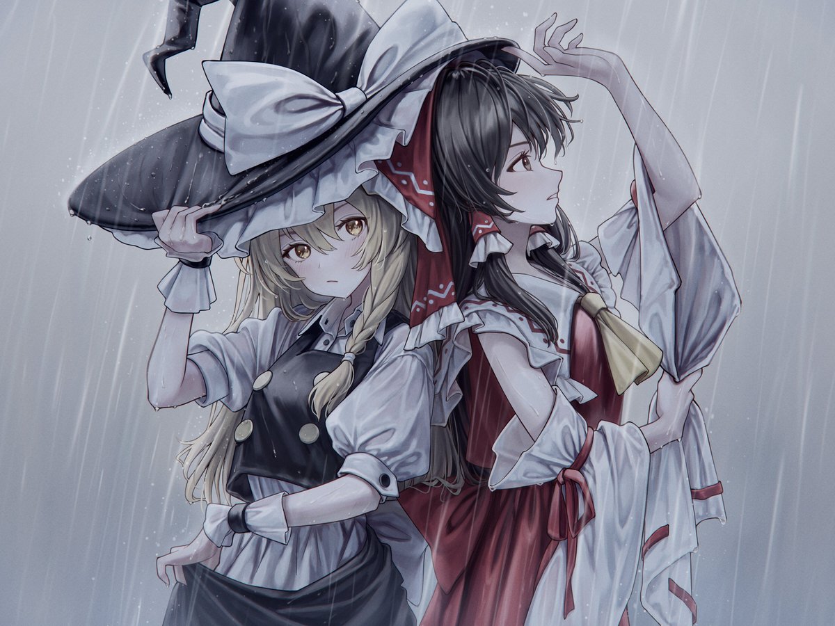 hakurei reimu ,kirisame marisa multiple girls 2girls hat witch hat blonde hair rain bow  illustration images