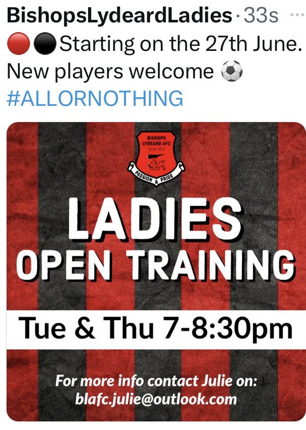 LydeardLadiesFC's tweet photo. We kick off our preseason training tomorrow. Looking forward to seeing some new faces https://t.co/DLJipkgTHW