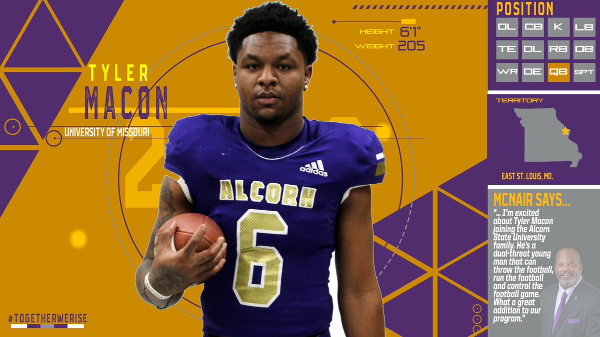 ● QB Spotlight ●

🔓 Breakout Watch 

Tyler Macon - Alcorn

• Macon is a Transfer from Missouri who should make a big impact for Alcorn. In his career he's thrown for 143 yards 1 TD and rushed for 1 TD.