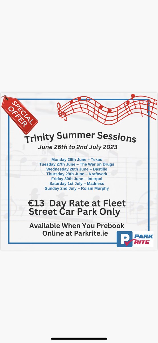 Heading to the Trinity Summer Sessions take the hassle out of parking and prebook an all day pass at Park Rite Fleet Street for €13, book online only at Parkrite.ie 
<a href="/GardaTraffic/">An Garda Síochána</a>
<a href="/tcddublin/">Trinity College Dublin</a> 
<a href="/mcd_productions/">MCD Productions</a> 
<a href="/DCCTraffic/">Traffic Management Centre</a>