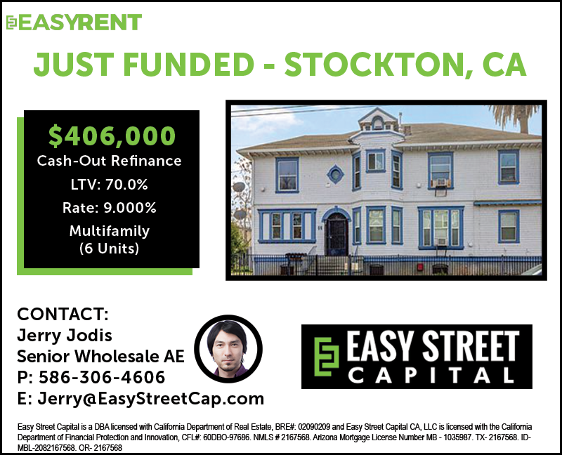 rob_s_simon's tweet photo. #JustFunded #MultifamilyMonday
$406,000 Cash-Out Refinance #Multifamily DSCR Loan on a six-unit complex in Stockton, California! All six units are occupied thus providing robust cash-flow for this experienced real estate investing duo. 30-year fixed rate debt locked in! https://t.co/lwiqQy2JRQ