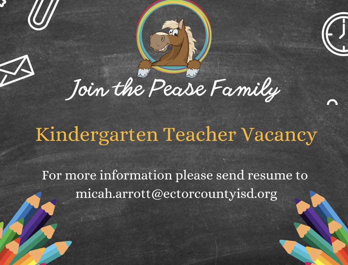 Are you interested in becoming a Pease Mustang? Join our family to dive into Blended Learning, Opportunity Culture, and AVID! We’re looking for someone to help build strong foundations for our little learners! <a href="/ECISDblendED/">Ector County ISD Blended Learning</a> <a href="/Ecisd_OC/">ECISD Opportunity Culture</a> <a href="/ECISD_AVID4ALL/">𝔼ℂ𝕀𝕊𝔻_𝔸𝕍𝕀𝔻𝟜𝔸𝕃𝕃</a>