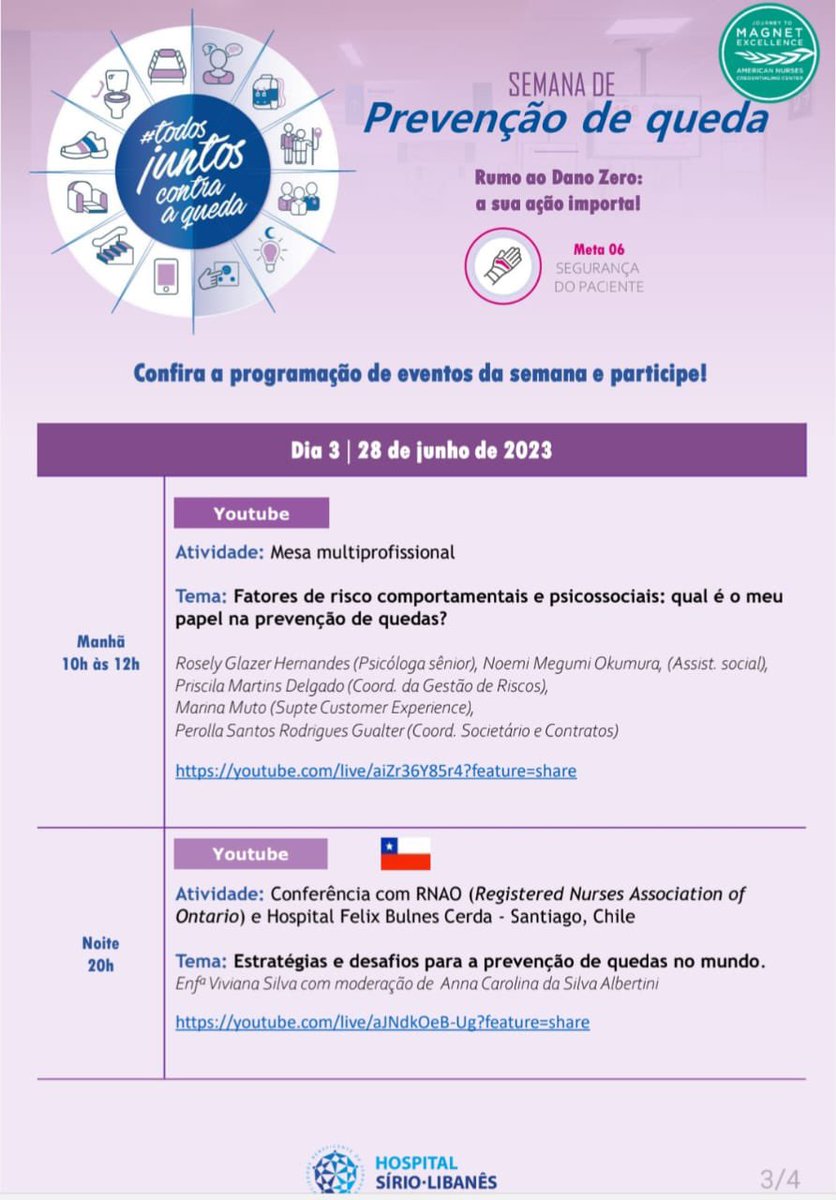 Mañana estaremos mostrando el trabajo desarrollado de la Guía de #bpso @RNAO en la Prevención de Caídas,en la mesa profesional de la 'Semana de Prevención de Caídas' del Hospital Sírio-Libanês 🇧🇷 online 19:00 hrs 🇨🇱 a través de YouTube: youtube.com/live/aJNdkOeB-… @DorisGrinspun