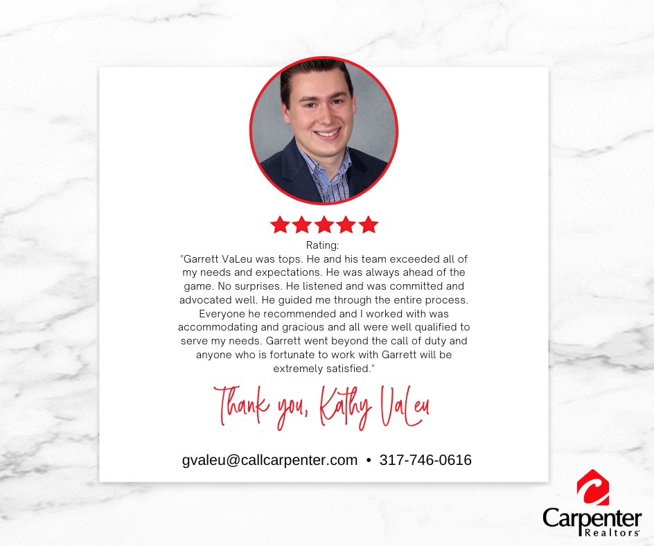 CONGRATULATIONS GARRETT VALEU FOR A JOB WELL DONE!
#RealEstateAvonIn #CarpenterCares #Realtors #HomesForSale #HouseforSale