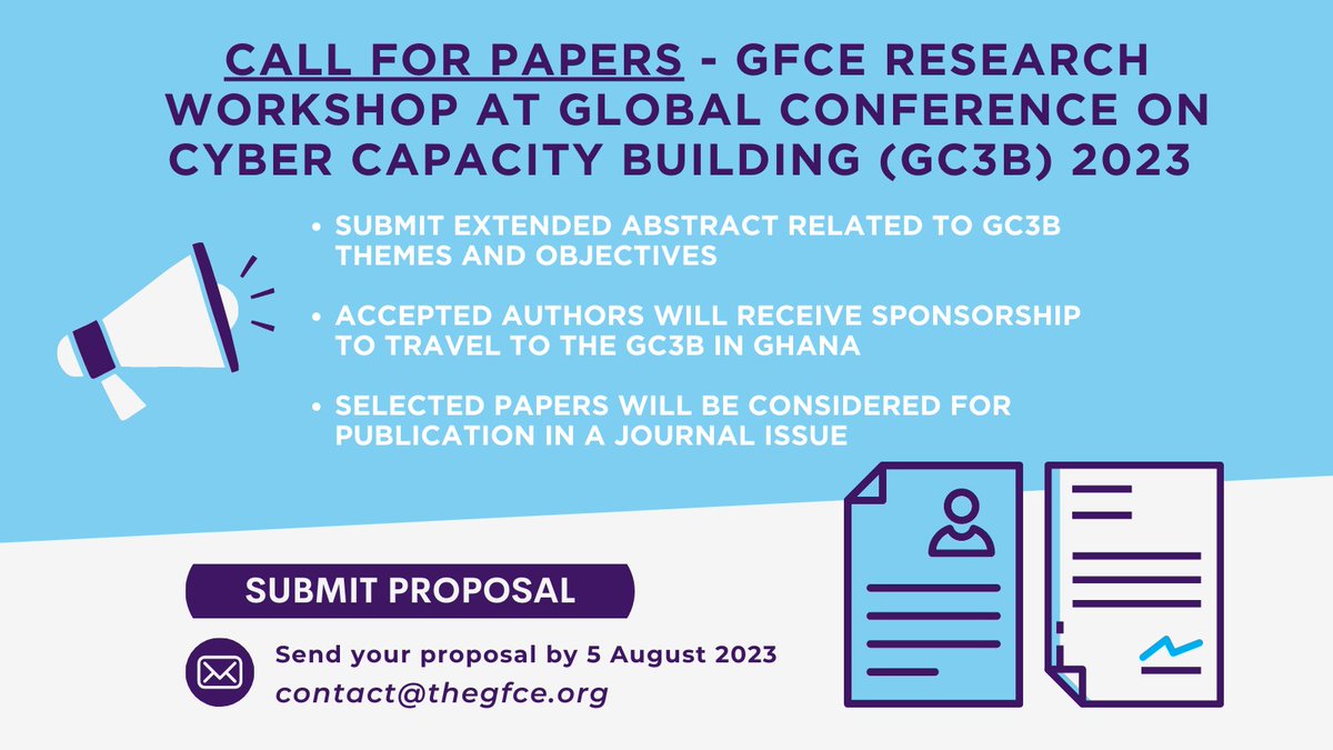 🔔The GFCE Research Committee is launching a #CallForPapers!

Submit your research abstract on topics related to "Cyber Resilience for Development” and help advance dialogue between scholars and practitioners in the margins of <a href="/theGC3B/">Global Conference on Cyber Capacity Building -GC3B</a>!

More details: thegfce.org/call-for-paper….