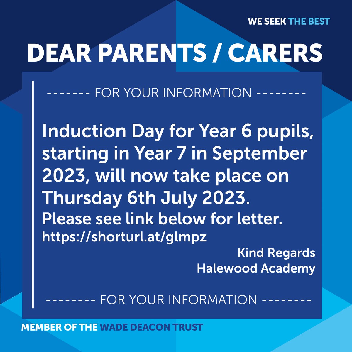 Halewood Academy (@halewoodacademy) on Twitter photo Ref: Induction Day for Year 6 pupils, starting in Year 7 in September 2023, will now take place on Thursday 6th July 2023. Please see click on the link for more information.
shorturl.at/glmpz Ref: Induction Day for Year 6 pupils, starting in Year 7 in September 2023, will now take place on Thursday 6th July 2023. Please see click on the link for more information.
shorturl.at/glmpz
