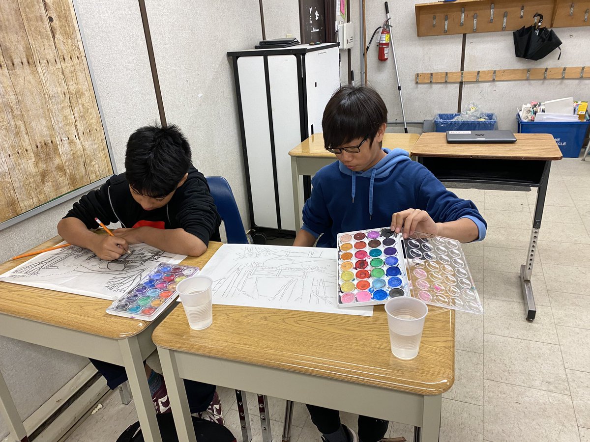 TaraMcFarling1's tweet photo. Watercolour painting today in grade 8 @Woodman_Wolves @GEDSB #masterpiecesinprogress https://t.co/GOX4Fnopt7