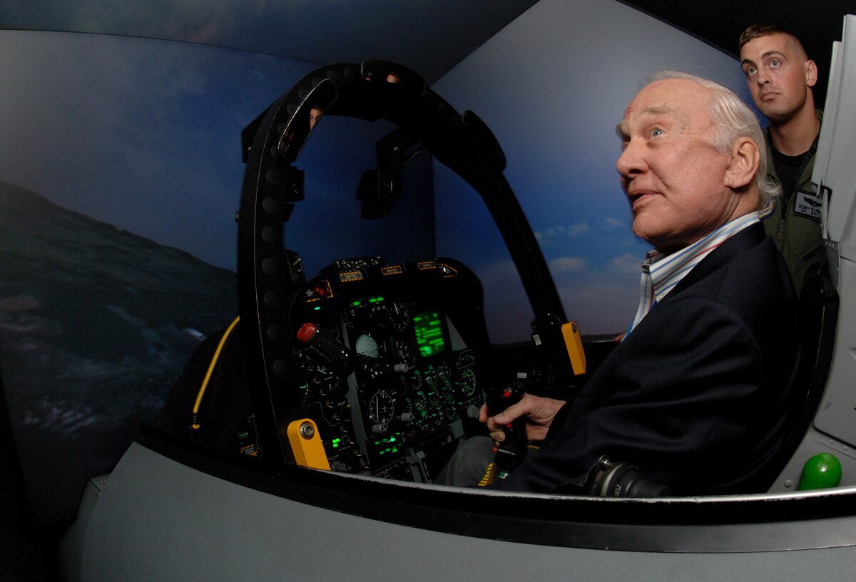 TheRealBuzz's tweet photo. It’s been 73 years this week since the start of the Korean War…a war that I know all too well. I visited Osan Air Force Base, South Korea about a decade ago, along with 7 other Korean War Aces. Here, I am inside an A-10 Thunderbolt II simulator at the base. The war was brutal and we saw great valor but also many lives sacrificed. Let’s not let this war be forgotten.
