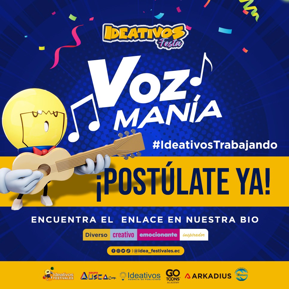 #ATENCIÓN📣 
¡Hola a todos! Hemos liberado el enlace para postular en nuestro espacio de #VozMania ,en la 2da edición de #IdeativosFesta ,próxima a realizarse el 2 y 3 de septiembre en el Centro Cívico Eloy Alfaro de Guayaquil.🥳
📣 ¡No pierdas tiempo y postula ahora! #Guayaquil