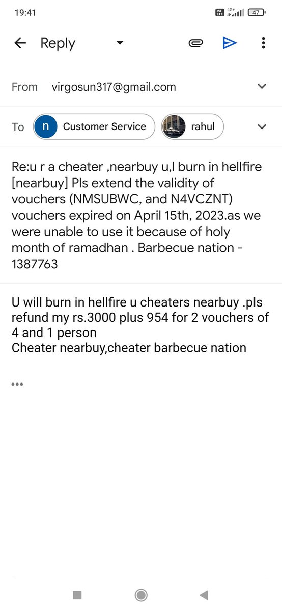 @nearbuy @BarbecueNation,@CNBCTV18News @AnilSinghvi_ @aajtak,@IBQ,@SanjeevKapoor
@chefharpalsingh #nearbuycheater,#barbecuenationcheate,
Nearbuy is cheater ,cheated us of 4000 rs.barbecue nation is big cheater cheated us of rs.4000
Both will burn in hell.donot buy