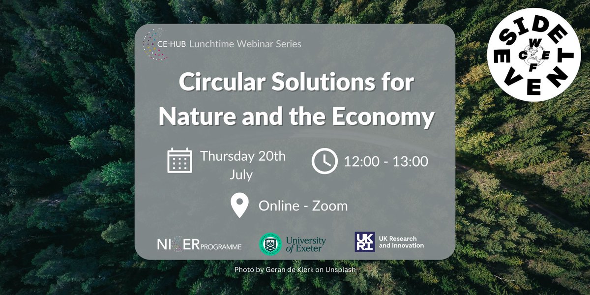 Join us for our last lunchtime webinar before we take a short break over the summer ☀ ⭕ Circular Solutions for Nature and the Economy ⭕ This #webinar is part of the @WCEF2023 side events. 📅 Thursday 20th July ⏲ 12:00 - 13:00 BST Sign up: lnkd.in/eV7hSkWT #WCEF23
