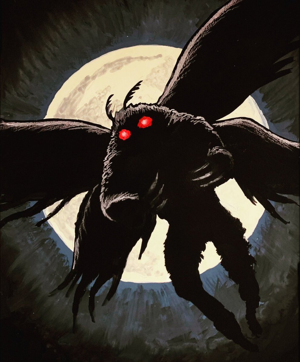 Mothman Monday • Art by Robert Rogers.  I hope everyone had a great weekend! I was able to get out to an area known for high strangeness here in Missouri. I'll try to post pics later this week, either here or on Instagram, maybe both. #mothman #mothmanmonday #cryptid