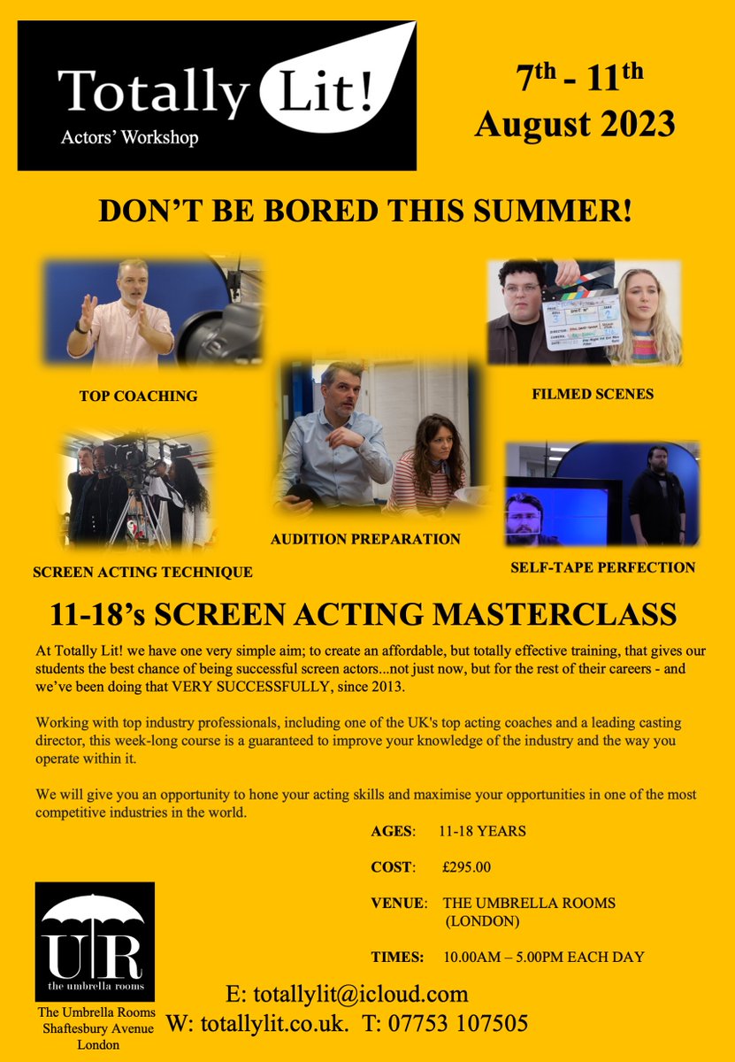 Screen Acting Summer School. 1 Week Course. Limited places. Please share. We are offering a 10% discount for residents of <a href="/LBHF/">H&F Council</a>