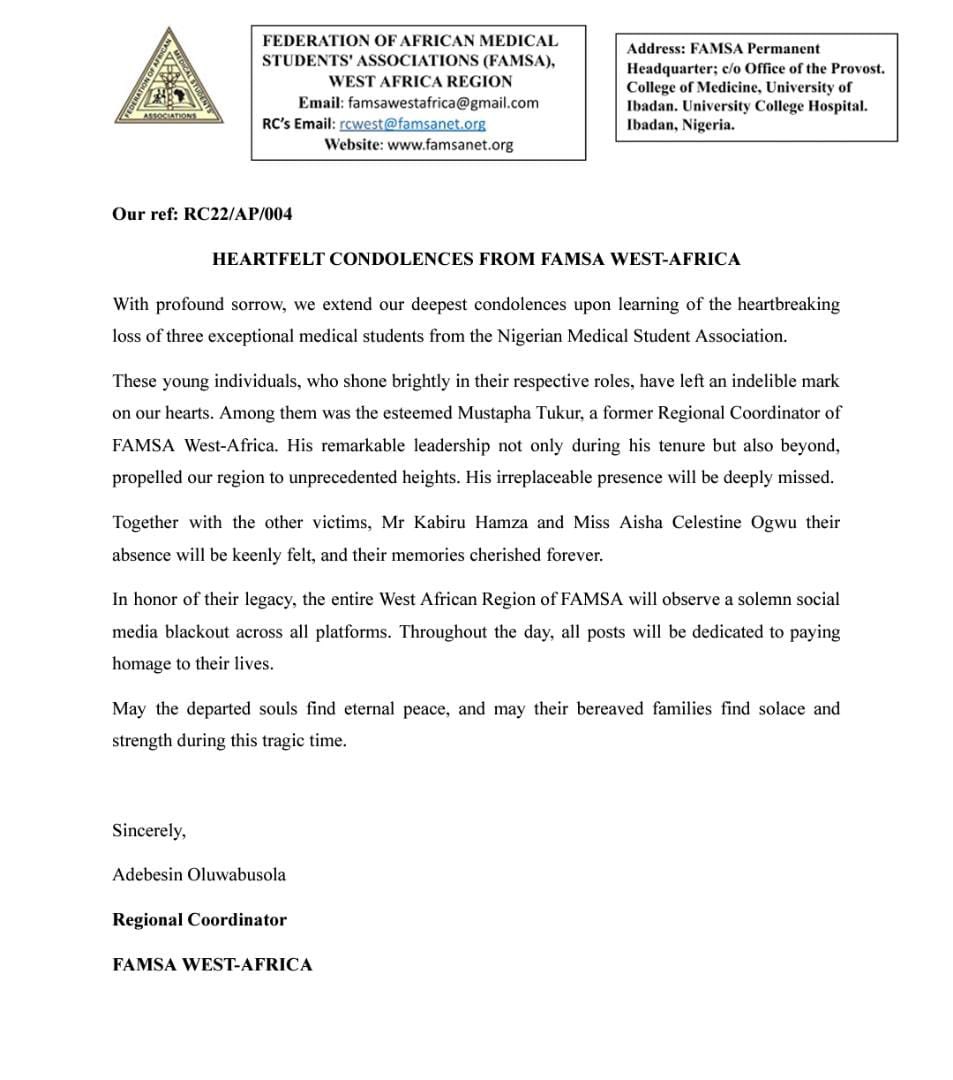 It is with profound  sorrow FAMSA WEST AFRICA  extends our condolences to <a href="/official_abumsa/">Official ABUMSA</a>, FAMSA WEST AFRICA and the FAMILY AND FRIENDS of the bereaved.
Your zeal, dedication and impact would rest on in our hearts 
May God console the families left behind.

Rest in Peace🕊️🕊️🕊️