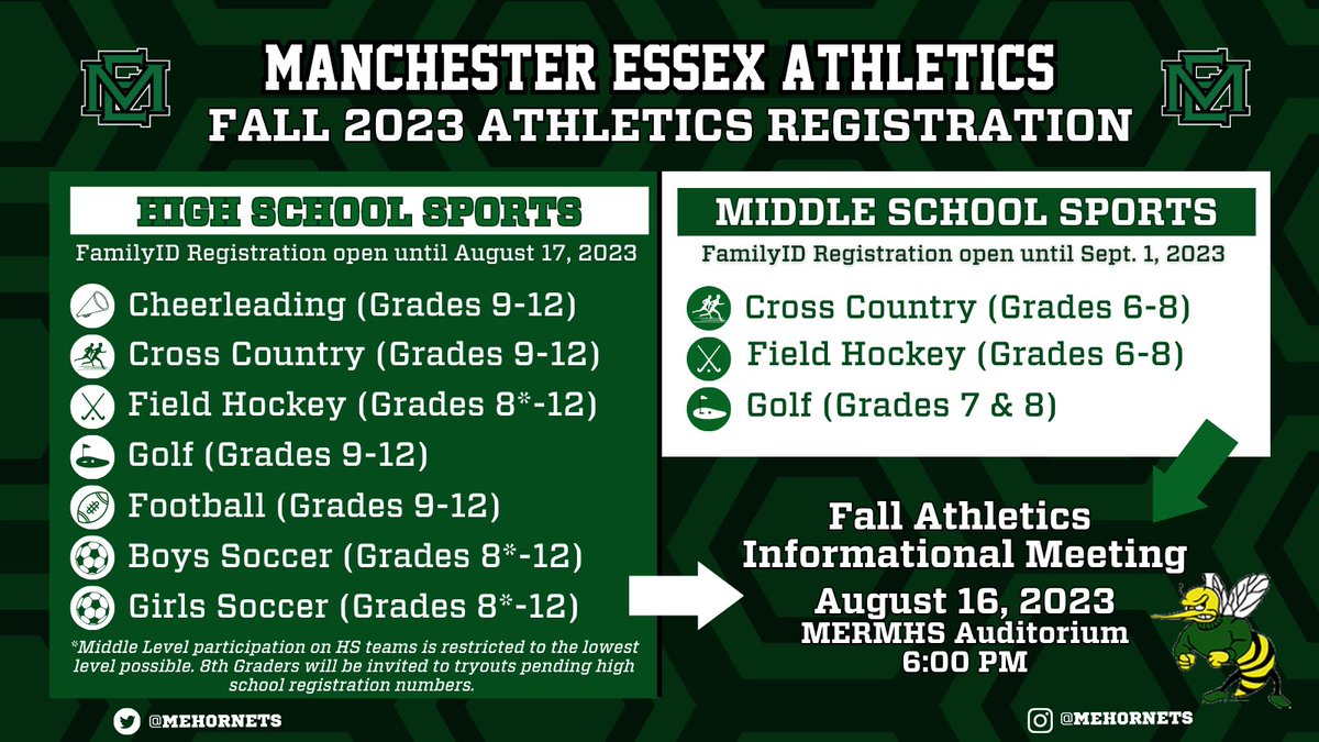 MEHornets's tweet photo. MERSD Fall 2023 Athletics registration is now open on Family ID!

Make sure to register, submit an updated physical, and make a user fee payment prior to the deadline to be eligible day one. Fall will be here before you know it! #hornetpride

@mersd_super

https://t.co/lOulXCjbPI https://t.co/JEHU99a0yj
