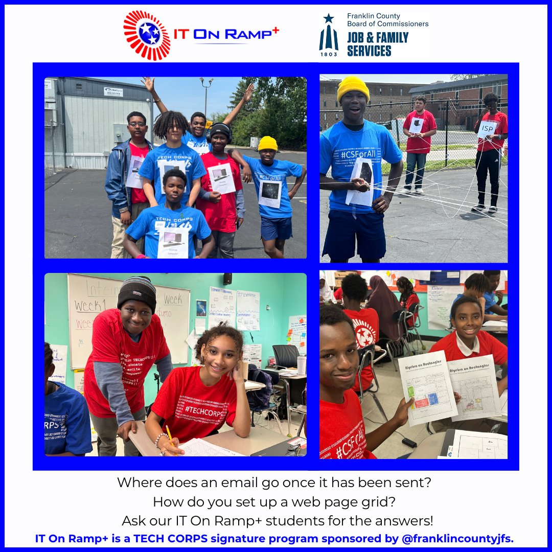 IT On Ramp+ is for 9th and 10th-grade students in #Columbus.
Date: July 10 – August 4
Time: 9am-3pm
Locations: Franklin Heights High School, IMPACT, TECH CORPS
Earn up to $1,690 working 30 hours a week for 4 weeks!
Apply at techcorps.org/summer-youth-e…