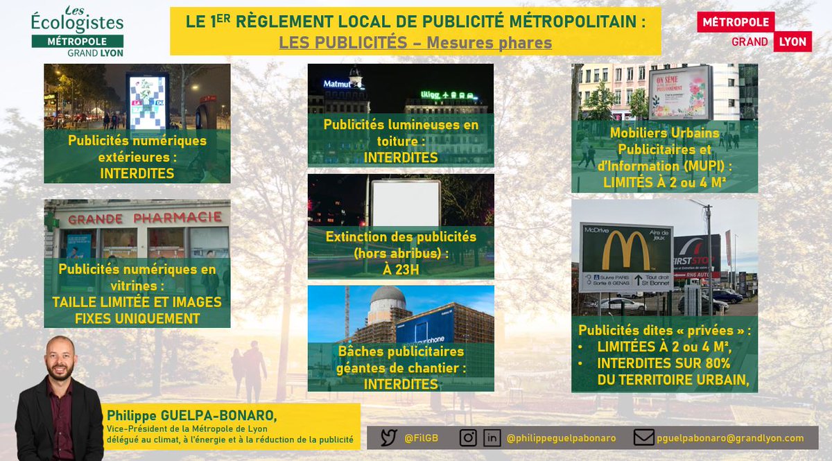 C'est voté ! 
Le 1er Règlement Local de Publicité vient d'être adopté en Conseil de la Métropole <a href="/grandlyon/">Métropole de Lyon</a> !
Un #RLP ambitieux et solide, avec l'interdiction de la publicité numérique extérieur, l'extinction des pubs à 23h, la limitation de la taille des pubs à 4 m² !