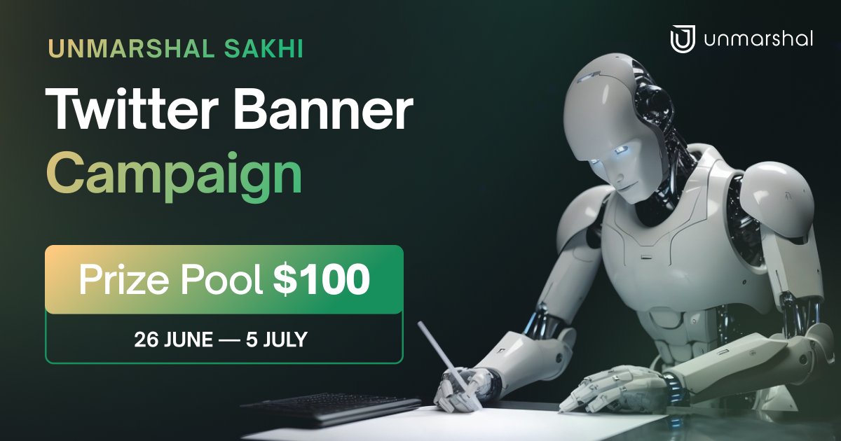 UnmarshalAI's tweet image. Hello, MARSHians!

🌟Unleash your creativity in the "Unmarshal Sakhi Twitter Banner Campaign"! Share your innovative and informative banners with captivating captions for a chance to win from our $100 Prize pool!💰

1️⃣Like, retweet pinned post 
2️⃣Tag 3 friends &amp;amp; follow @unmarshal…