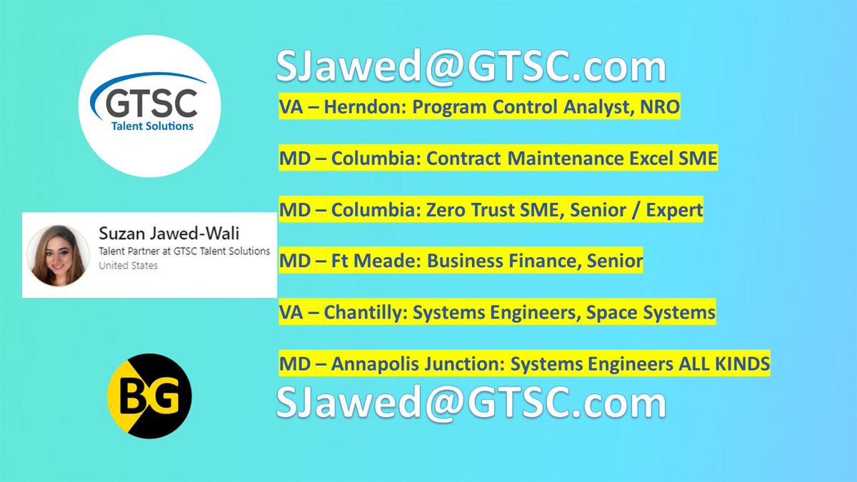 Tech / Greater Metro DC Region / Looking for new position? Contact Suzan Jawed. Specializes Metro Washington DC Technology Support SMEs ... View openings  careers.gtscts.com/jobs/Careers OR SJawed@GTSC.com #Jobs #Engineers #Technology #Finance #BGJobs #IC #DoD #Hiring #ClearedJobs