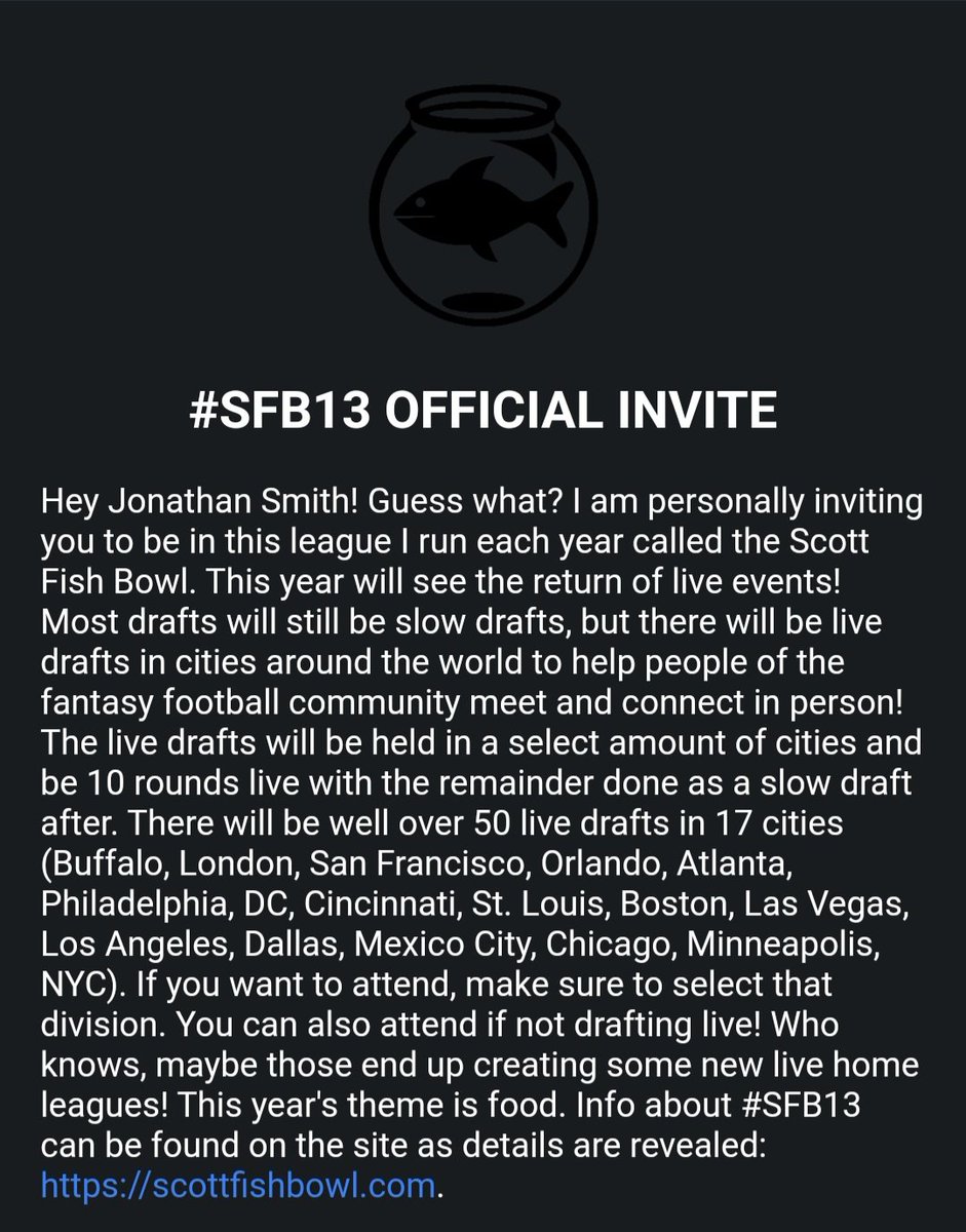 Can't wait to play in my first Scott Fish Bowl! Thanks to @ScottFish24 @FantasyCaresOrg @FishBowlMerch for all you do! #SFB13