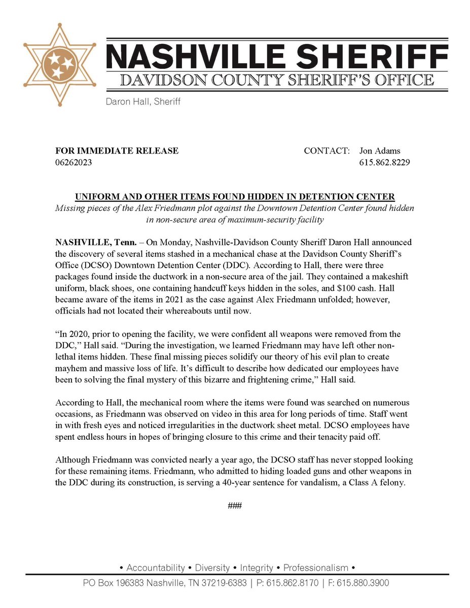 NashSheriff's tweet photo. After two years and endless hours of searching, we can finally bring closure to this criminal act. Our staff’s tenacity has paid off. Missing pieces of the Alex Friedman plot against the Downtown Detention Center found hidden in non-secure area of maximum-security facility. https://t.co/BlpWsylBCP