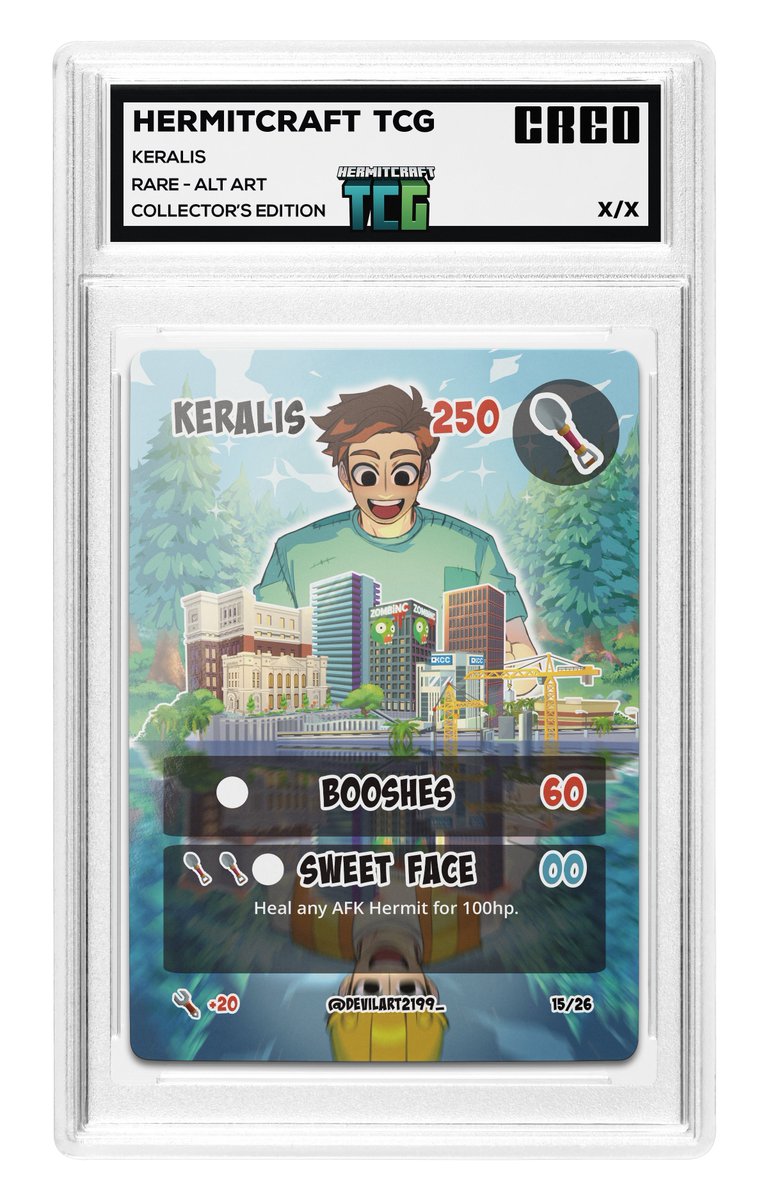 My Rare Collector's Edition Hermitcraft TCG Card by the talented <a href="/DEVILART2199_/">🍑Aibi🌸🎗</a>! I love it! Do you love it?! ♥️

Like + Retweet &amp; follow <a href="/WorldofKeralis/">Keralis</a> &amp; <a href="/creocards/">CREO</a> for a chance to win 1 of 5 collector edition cards! 

Pre-order yours from July 1st! creocards.com
