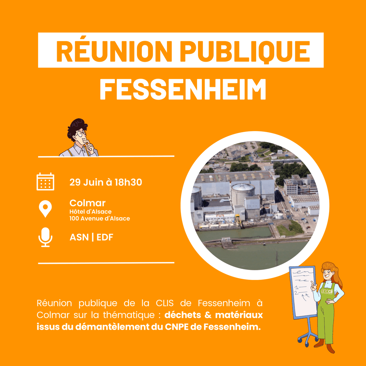 anccli's tweet photo. 🗓️ 29/06 (18h30) : réunion publique de la #CLIS 👥 de Fessenheim à l'Hôtel d'Alsace @villecolmar avec @ASN @EDFofficiel
☢️ Thématique : déchets et matériaux issus du démantèlement de la centrale #nucléaire @EDFfessenheim https://t.co/ENySEv125P